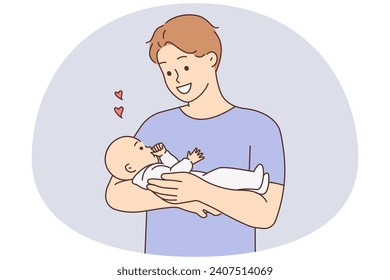 Smiling young father holding baby in arms showing love and care. Happy dad cuddle cute infant. Fatherhood and infantry. Vector illustration.