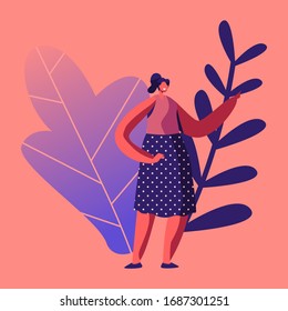 Smiling Young Female Character Wearing Polka Dot Dress Posing with Index Finger Pointing and Gesturing. Teacher, Businesswoman, Housewife Girl, Beautiful Lady Presentation. Cartoon Vector Illustration