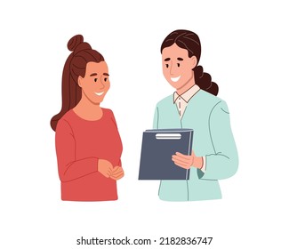 Smiling young female doctor in medical uniform talking with female patient using tablet on consultation. Flat vector illustration isolated on white background