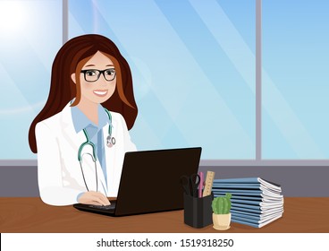 Smiling young female doctor with stethoscope sat at desk using computer. Vector illustration.