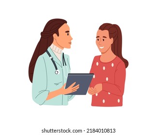 Smiling young female doctor talking to female patient using tablet on consultation. Colored flat vector illustration isolated on white background