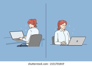 Smiling young female employee sit at desk work computer  Woman worker use laptop for online job at workplace  Front   back view  Employment concept  Vector illustration  