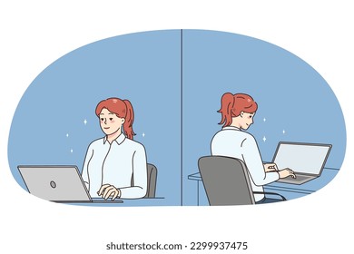 Smiling young female employee sit at desk work on computer. Woman worker use laptop for online job at workplace. Front and back view. Employment concept. Vector illustration.