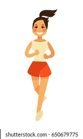 Smiling young female person in shorts runs in camera