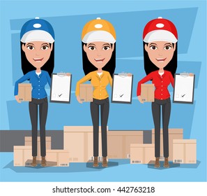 Smiling young female postal delivery courier Women in front of package