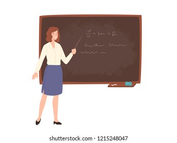 Smiling young female school or college teacher, professor, education worker standing beside chalkboard, holding pointer and giving lecture. Colored vector illustration in flat cartoon style.