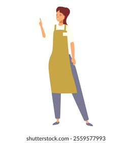 Smiling young female shop assistant wearing apron pointing with index finger up