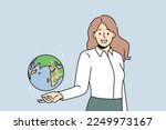 Smiling young female teacher holding globe on hand. Happy woman geography tutor showing planet Earth model. Education and learning. Vector illustration. 
