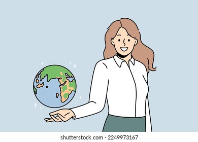 Smiling young female teacher holding globe on hand. Happy woman geography tutor showing planet Earth model. Education and learning. Vector illustration. 