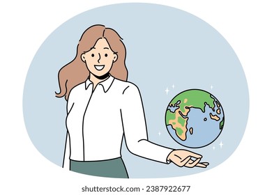 Smiling young female teacher holding globe on hand. Happy woman geography tutor showing planet Earth model. Education and learning. Vector illustration.