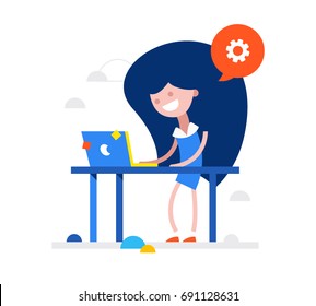 Smiling young female typical office worker in a business smart casual wear, positive emotions, working with computer, full length, front view, isolated, white background