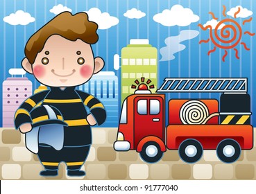 Smiling Young Fireman and Fires in a high-rise building on blue sky background