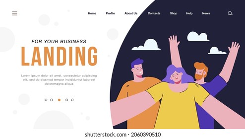 Smiling young friends taking selfie portrait on phone isolated flat vector illustration. Cartoon happy characters taking group photo on camera. Friendship and mobile technology concept