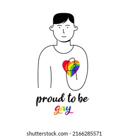 Smiling young gay man feeling proud   happy while accepting himself concept  Black   white drawing and heart made rainbow flag bringing colors to it 