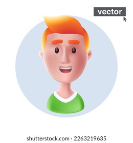 Smiling young ginger guy avatar wearing green sweater. Realistic 3D vector illustration of happy casual man character. Stunning icon for user person profile, happy ID card, joyful social media.