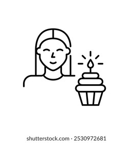 Smiling young girl avatar and cupcake with lit candle. Birthday party, user milestone celebration. Pixel perfect, editable stroke icon