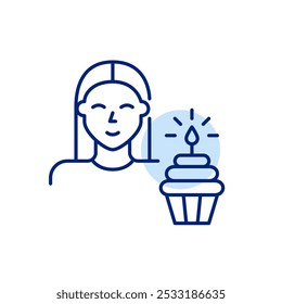 Smiling young girl avatar and cupcake with lit candle. Birthday party, user milestone celebration. Pixel perfect vector icon