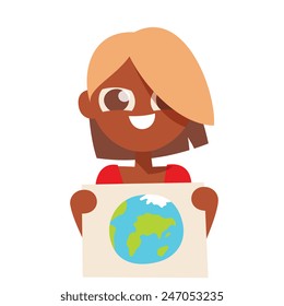 Smiling young girl character a girl holding paper with earth in orange dresses, with short light color hair, isolated on white background, simplicity cartoon flat style, vector illustration icon.
