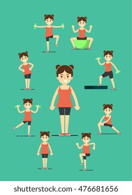 Smiling young girl doing exercises with dumbbells, step board and fit ball, vector illustration set in flat style.