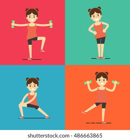 Smiling young girl doing exercises with dumbbells, vector illustration set in flat style. 