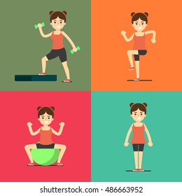 Smiling young girl doing exercises with dumbbells, step board and fit ball, vector illustration set in flat style