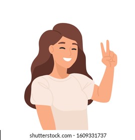Smiling young girl flat vector illustration. Sign language, gesticulation, peace gesture. Good mood, gladness, joyfulness, positive emotion concept. Blinking woman showing ok gesture cartoon character svg