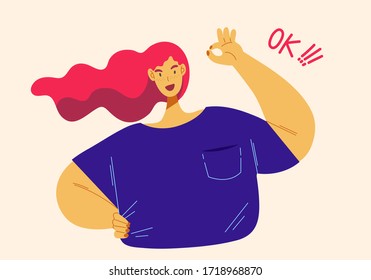 Smiling young girl flat vector illustration. Hand sign language, OK gesture. Concept of fun, happy, positive and joyfull feeling . Woman showing ok gesture cartoon character