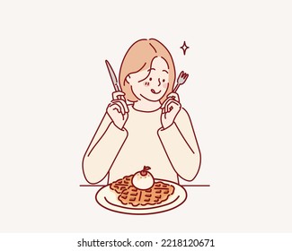 Niña joven sonriente con un delicioso croiffle. Ilustraciones de diseño vectorial de estilo dibujado a mano.