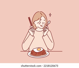 Smiling young girl having tasty Chapagetti.  Hand drawn style vector design illustrations.