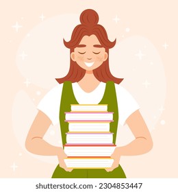 Smiling young girl holding books in her hands. Vector character in flat cartoon style. Reading hobby, World book day or International literacy day concept