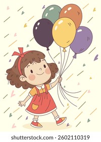 Smiling young girl holding a bunch of colorful balloons against a patterned background, creates a joyful and playful scene. Simple lines and vibrant colors highlight youthful charm