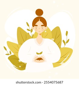 Smiling young girl holding green sprout or small tree in her hands. Flat cartoon vector illustration. Concept of environmental care, nature protection, eco-friendly lifestyle, sustainability