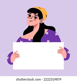 Smiling young girl holding showing white blank sign, banner poster. Flat vector illustrations. Creative banner for social media or network 