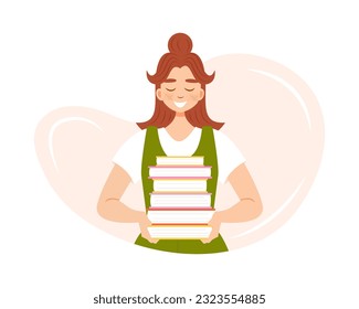 Jovencita sonriente sosteniendo un montón de libros. Caricatura plana de carácter vectorial aislada en fondo blanco. Concepto de lectura y educación