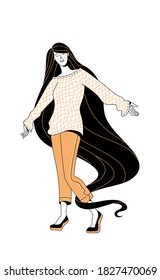 Smiling young girl with long dark flowing hair enjoying life on white background. Positive thinking and good mood cartoon concept. Duotone black and yellow linear illustration.