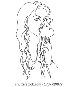 Smiling young girl with long hair holding ice cream cone doodle line art vector graphics sketch