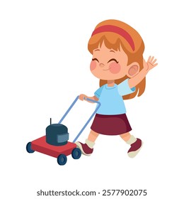 Smiling young girl mowing lawn with a colorful toy mower