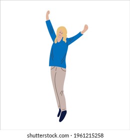 Smiling young girl rejoices at his success isolated on white background. A woman jumps and dancing while raising his hands up in honor and joy.