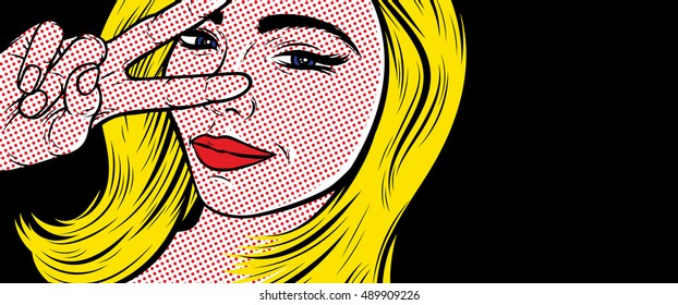 Smiling young girl showing, pointing up 2 fingers, victory hand sign or gesture. Blonde woman in pop art retro comic style. Vector illustration for: Posters, Invitations, Banners, Backgrounds, etc.