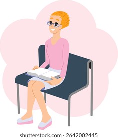 Smiling young girl sitting on a bench and reading a book. Illustration of a female student learning a lesson from a book.