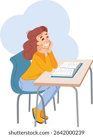 Smiling young girl sitting thoughtfully at her desk. Illustration of a female student studying a lesson from a book. School days.