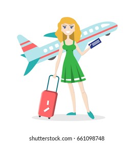 Smiling young girl with travel luggage on isolated background with airplane. Flat character. Vector illustration in cartoon style. Summer vacation concept.