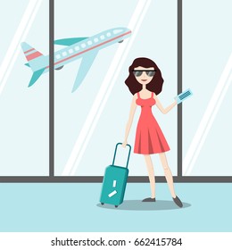 Smiling young girl with travel luggage in airport. Flat character. Vector illustration in cartoon style. Summer vacation concept.