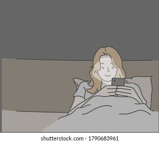 Smiling young girl using smartphone in bed at night  Hand drawn in thin line style  vector illustrations 
