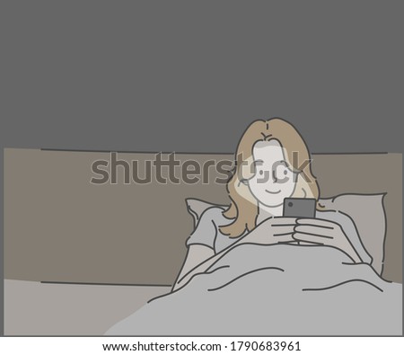 Smiling young girl using smartphone in bed at night. Hand drawn in thin line style, vector illustrations.