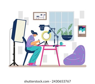 Smiling young girl video maker working flat style, vector illustration isolated on white background. Decorative design element, workplace, creative profession, positive character