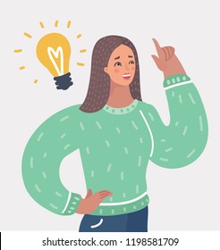 Smiling young girl or woman having an idea with light bulb over her head. Vector cartoon illustration of in modern concept