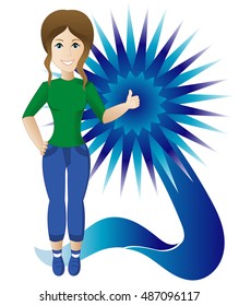 Smiling Young Girl, Woman, Quality Assurance, Blue Badge, Highest, Top, Green T-Shirt, Brown Hair on White Background