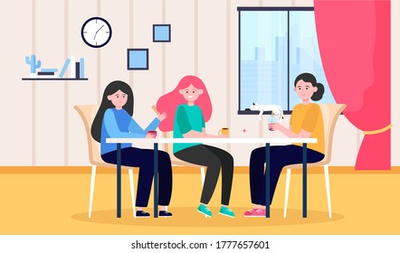 Smiling young girls sitting at table and drinking coffee. Cat, friend, tea flat vector illustration. Staying at home and friendship concept for banner, website design or landing web page