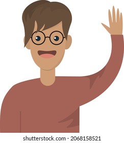 personaje joven sonriente con mano arriba